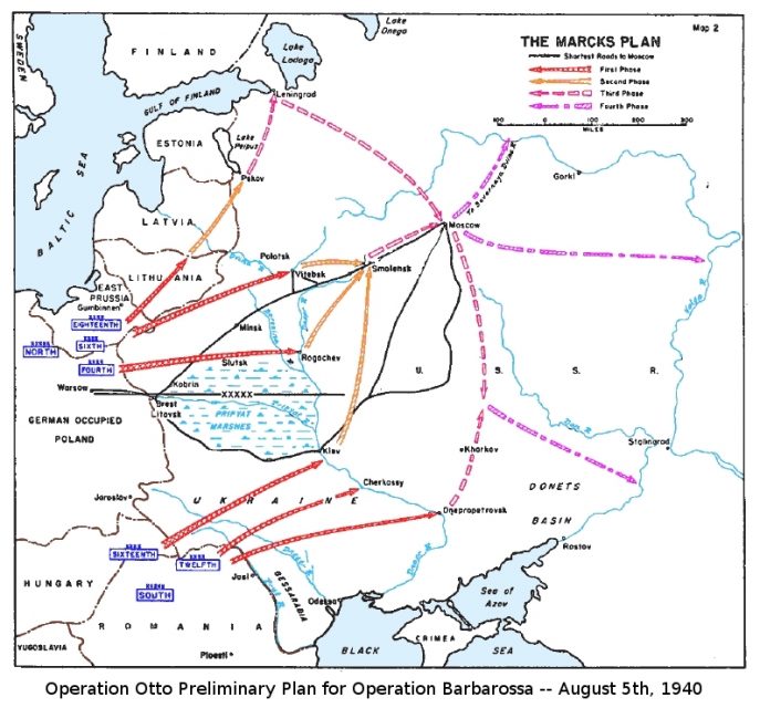 The Marcks Plan (published 5 August 1940) was the original German plan of attack for Operation Barbarossa, the invasion of Soviet Union during World War II, as depicted in a US Government study (March 1955)