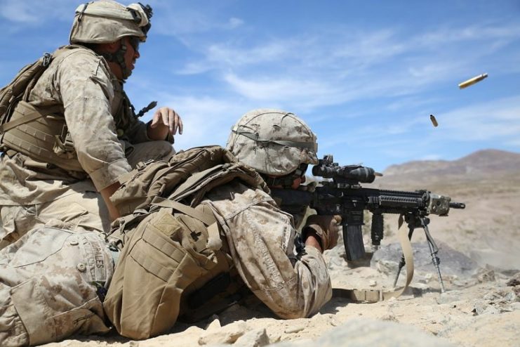 A Marine with Company F, 4th Light Armored Reconnaissance Battalion, fires the M136 AT4 Rocket Launcher at a bunker during a live-fire exercise at the Army National Training Center Fort Irwin, California, July 13, 2014