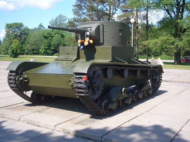 1933 T-26 model at the museum “Breaching of the Leningrad Blockade” near Kirovsk, Leningrad Oblast. This tank was raised from a river bottom at Nevsky Pyatachok in May 2003.