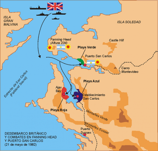 British landing and fighting in the Strait of San Carlos. By Rafunken / CC BY-SA 3.0
