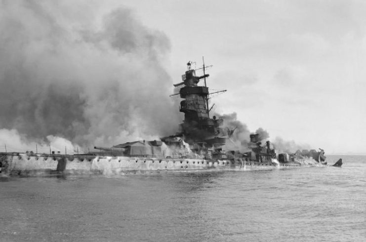 Admiral Graf Spee in flames after being scuttled in the River Plate estuary