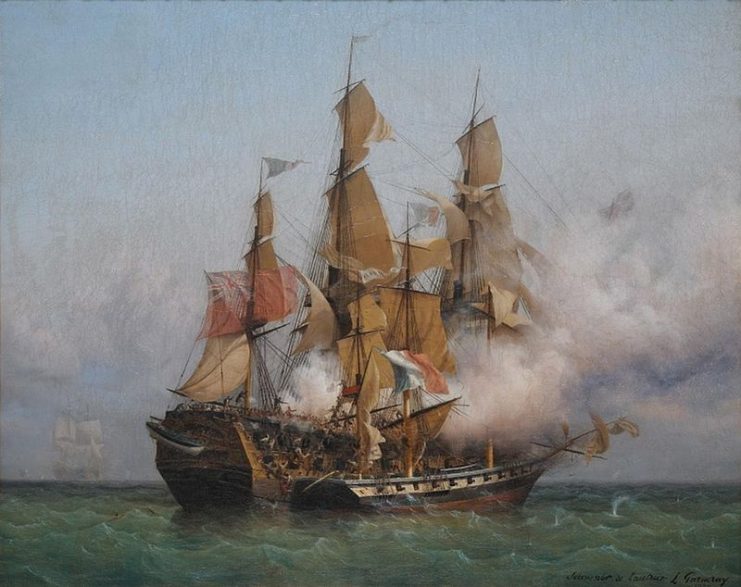 East Indiaman Kent battling Confiance, a privateer vessel commanded by French corsair Robert Surcouf in October 1800, as depicted in a painting by Ambroise Louis Garneray.