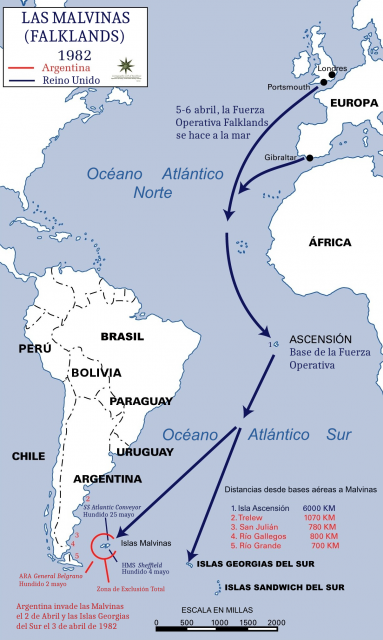 Map of the operations theater of the Falklands War, and the distances between them and the different bases of both armies.