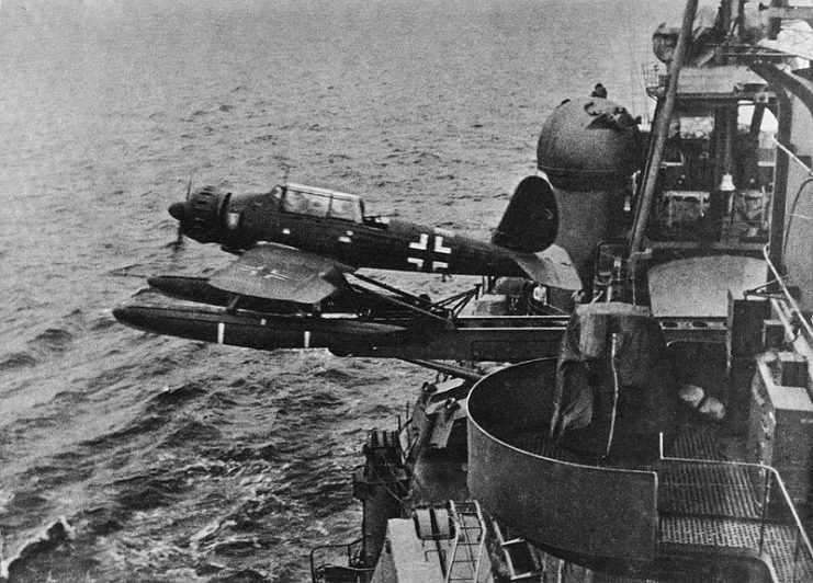One of Admiral Hipper’s three Arado Ar 196 seaplanes readied for launch in 1942