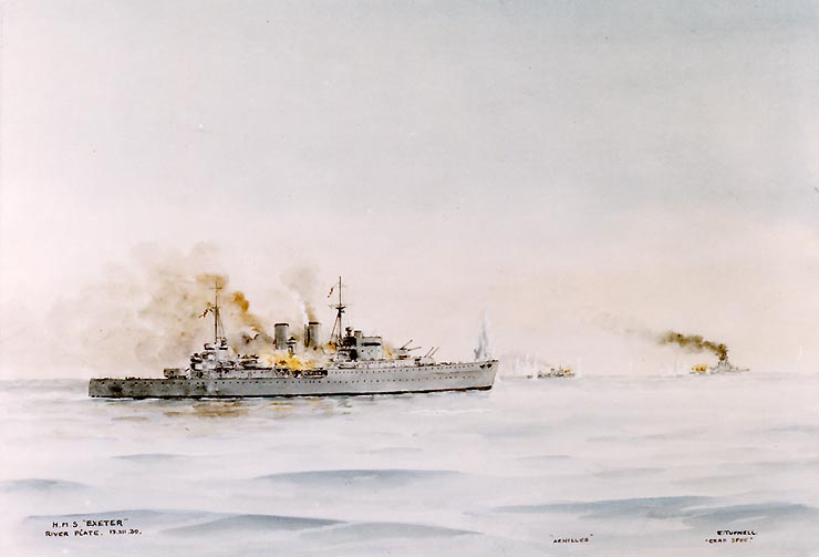 Painting depicting the cruisers HMS Exeter (foreground) and HMNZS Achilles (right center background) in action with the German armored ship Admiral Graf Spee (right background)
