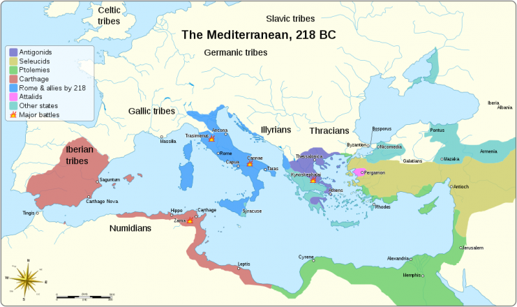 anden puniske krig, En del af de puniske krige.Middelhavet 218 f. kr.Foto Goran tek - en CC BY-SA 4.0