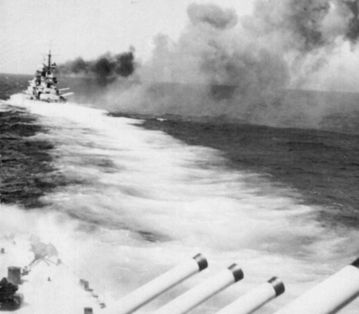 The Italian Battleship Cesare firing her salvoes near Punta Stilo (Battle of Calabria)