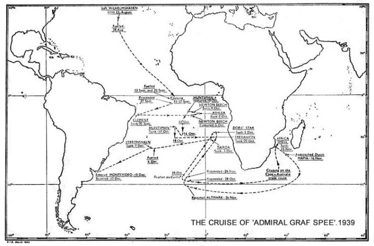 The route of Admiral Graf Spee’s cruise from the British HMSO report.