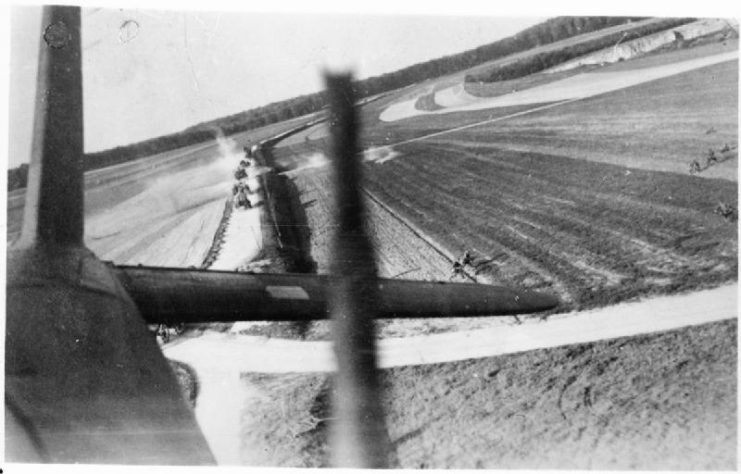 The British Expeditionary Force in France 1939-1940. A low level attack by Fairey Battle aircraft on a German horse drawn transport column.