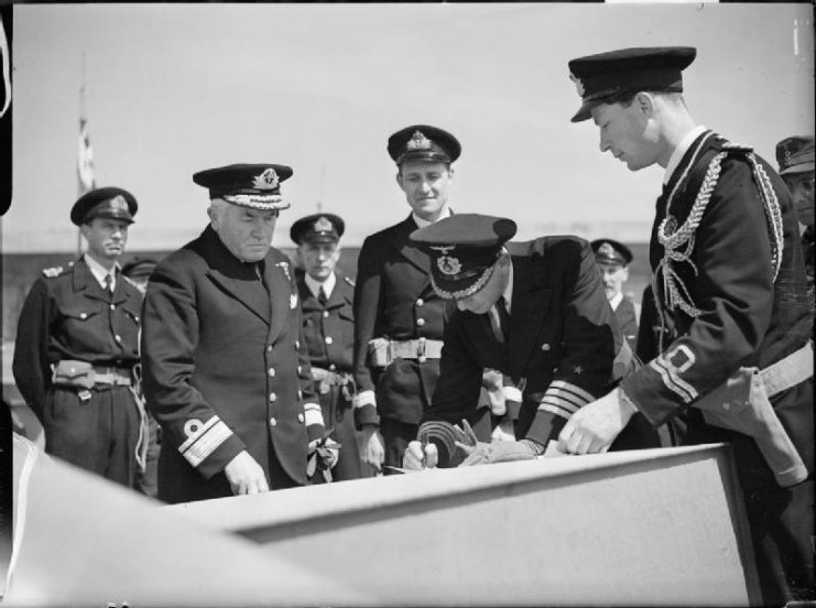 The Royal Navy during the Second World War Captain Roeggeler in the presence of Rear Admiral G Muirhead-Gould
