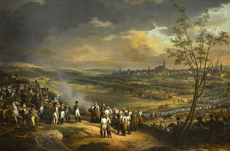 General Mack surrenders his army at Ulm. Napoleon’s strategic encirclement of the Austrians, in conjunction with the Battle of Austerlitz six weeks later, sealed the fate of the Third Coalition.