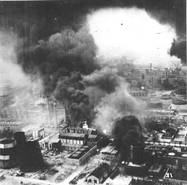 Smoke rises from the “Astra Romana” refinery in Ploiesti after low-level bombing attacks of B-24 Liberators. 1 August 1943