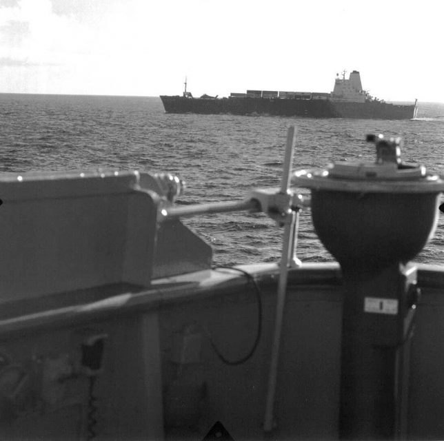 Atlantic Conveyor approaching the Falklands.  May 1982. By DM Gerard CC BY-SA 2.5