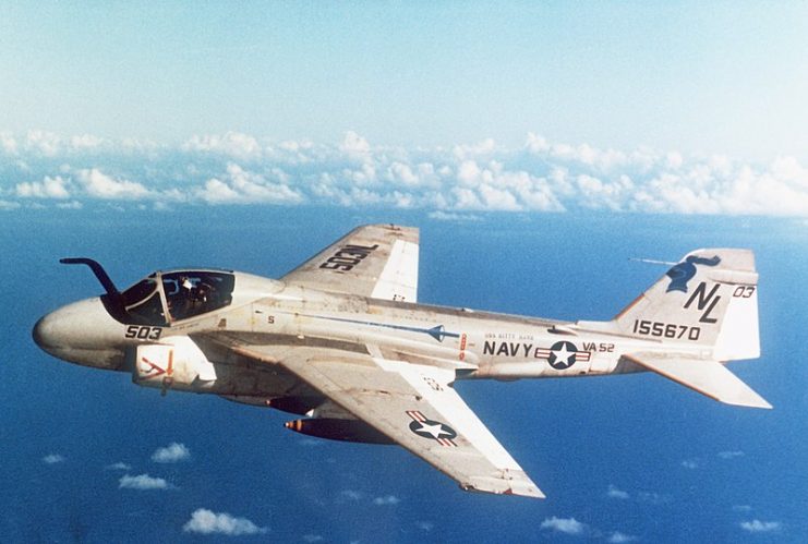 A U.S. Navy Grumman A-6E Intruder (BuNo 155670) aircraft from Attack Squadron 52 (VA-52) “Knightriders” in flight in 1981.