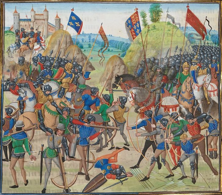 A late 15th Century illustration of the Battle of Crécy. Anglo-Welsh longbowmen figure prominently in the foreground on the right, where they are driving away Italian mercenary crossbowmen.