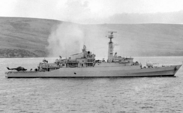HMS Antelope smoking after being hit, 23 May