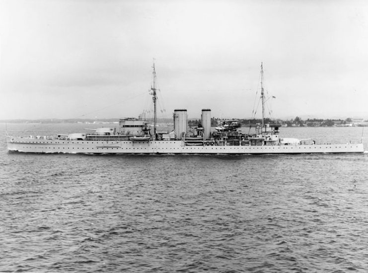 The Royal Navy heavy cruiser HMS Exeter (68) off Coco Solo, Panama Canal Zone, circa in 1939.