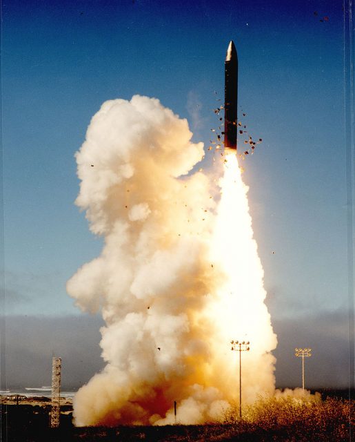 Peacekeeper missile after silo launch, Vandenberg AFB, CA.
