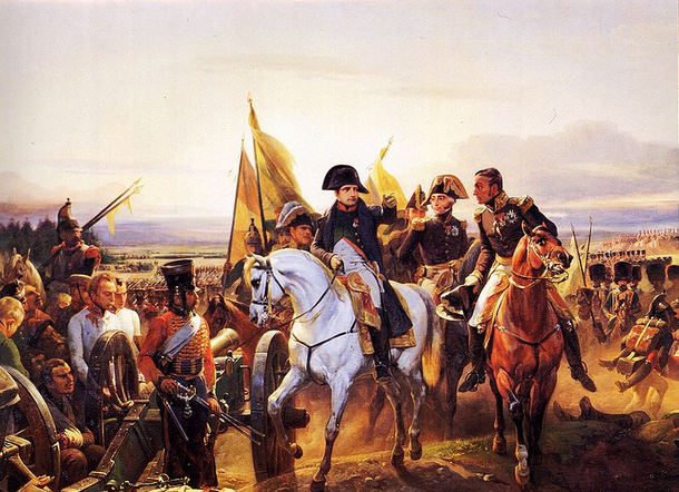 Napoleon at the Battle of Friedland (1807). The Emperor is depicted giving instructions to General Nicolas Oudinot. Between them is depicted General Etienne de Nansouty and behind the Emperor, on his right is Marshal Michel Ney.