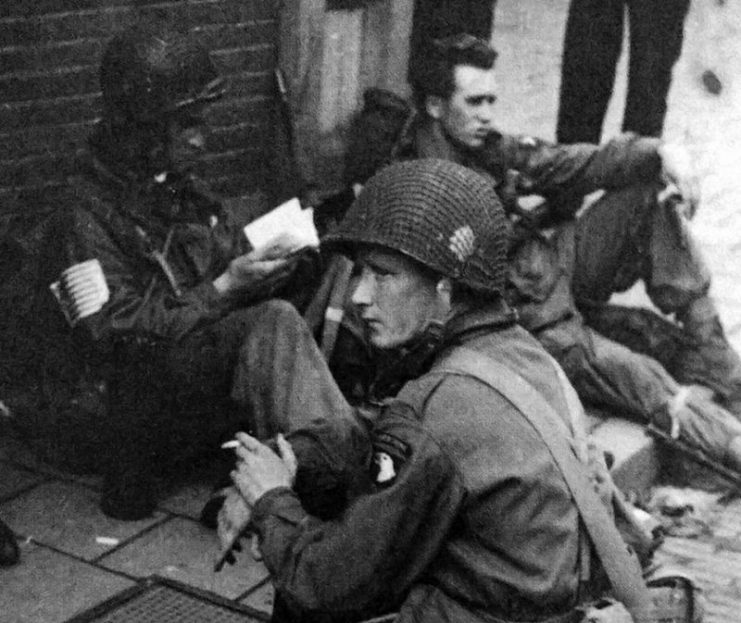 Easy Company members Joe Liebgott, Eugene Roe and Burton Christenson in Eindhoven, 1944.