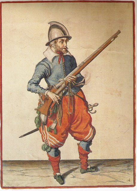 A musketeer (Plate 4) from Jacob van Gheyn’s Wapenhandelingen van Roers, Musquetten ende Spiesen (1608)