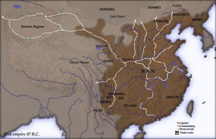 Map showing the spread of the Han dynasty in 87 BC