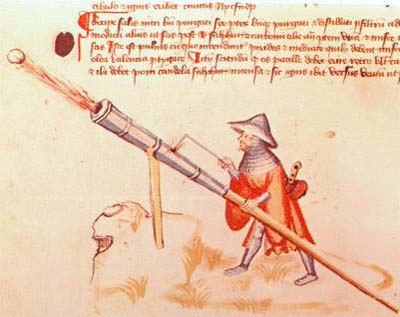 Hand cannon being fired from a stand, “Belli Fortis”, manuscript, by Konrad Kyeser, 1400