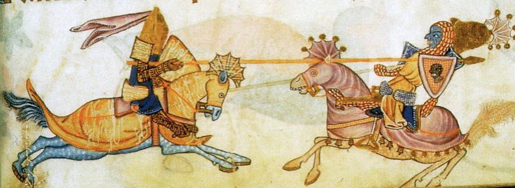 Rikhard Leijonamielen ja Saladinin kuvitteellinen kohtaaminen, 1200-luvulta peräisin oleva käsikirjoitus.