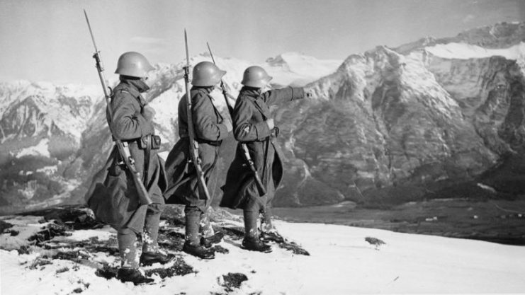 Swiss border patrol in the Alps during World War II.