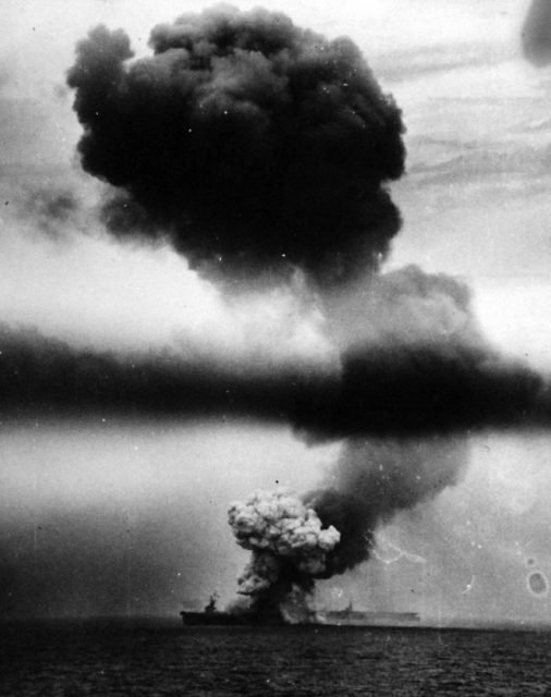 The USS St. The escort carrier just moments after getting struck by a Japanese Kamikaze, pilots trained for suicide attacks meant to destroy US ships. The Battle of Leyte Gulf was the first time Japan used Kamikaze fighters.The USS St. Lo (CV 63) burning during the Battle of Samar on Oct. 25, 1944