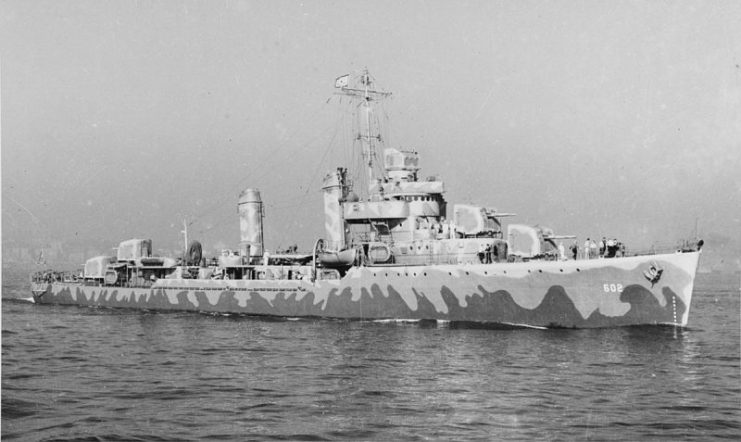 The U.S. Navy destroyer USS Meade (DD-602) off New York City, 1942.