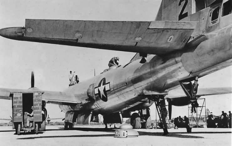 Ground crew at work on B-29 Superfortress from XXI Bomber Command on Saipan.