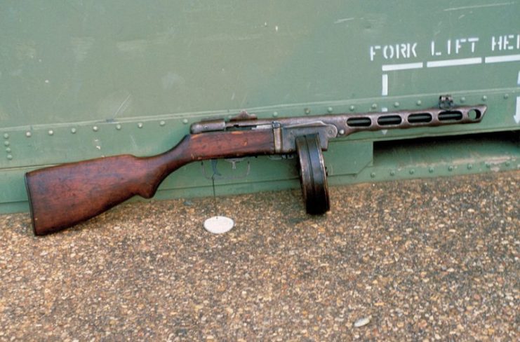 A close-up view of a Soviet PPSH-41 sub-machine gun on display.