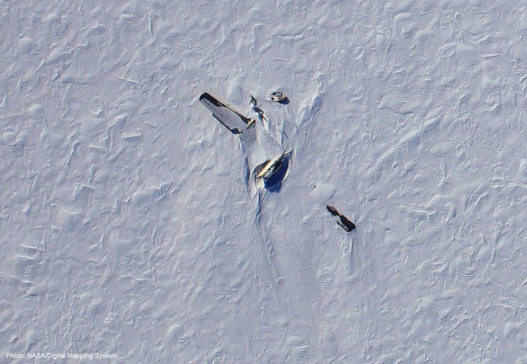 Between science waypoints during Operation IceBridge’s flight on April 29, 2011, the P-3 flew over the wreck of a B-29 named Kee Bird that crash-landed in Greenland in 1947.