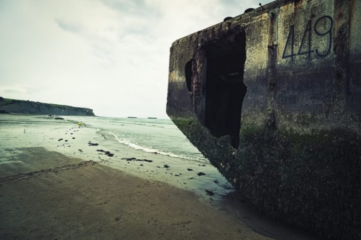 Ruins of D Day Mulberry Harbor in Normandy.