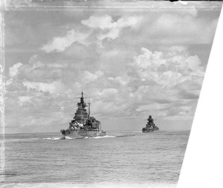 Valiant (left) and Richelieu (right) from HMS Queen Elizabeth in the Bay of Bengal during the action against the Japanese at Sabang.