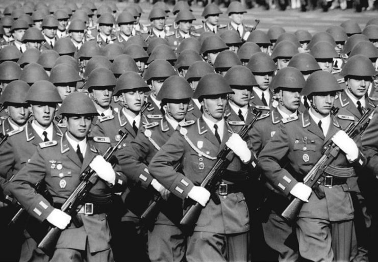 M1956 East German Stahlhelms. Photo Bundesarchiv, Bild 183-N1007-0009 / CC-BY-SA 3.0