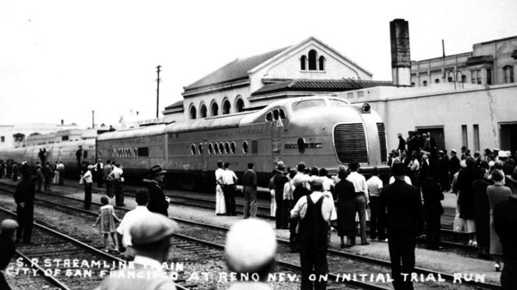 The “City of San Francisco” at Reno, Nevada on its initial trial run. This is the M-10004 trainset which was replaced in 1938. City of San Francisco (train) service began in 1936 between Chicago and San Francisco.