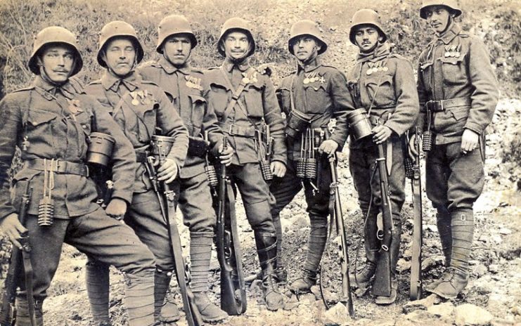 Austro-Hungarian soldiers at the Isonzo front with Stahlhelms.