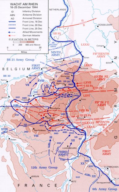 Progress of the German Ardennes counteroffensive, December 16–25, 1944.