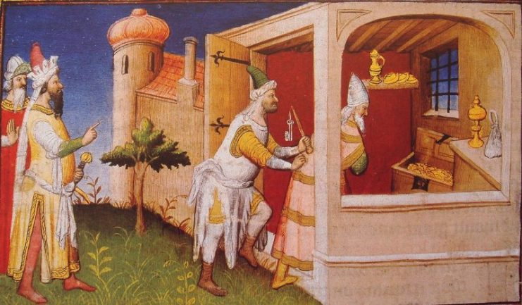 Hulagu imprisons the Caliph Al-Musta’sim among his treasures to starve him to death (“Le livre des merveilles”, 15th century).