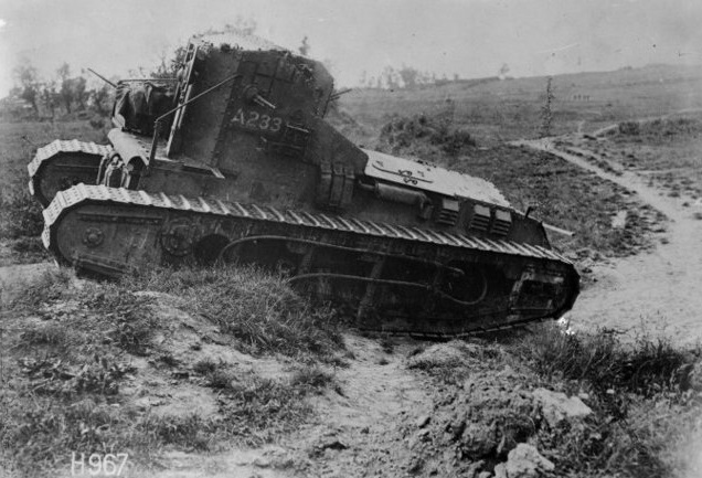 A close view of a Whippet tank crossing a trench near Grevillers, France, during World War I.
