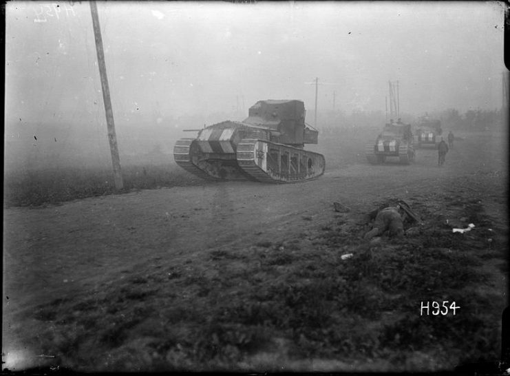 Mk A Whippet tanks advancing to the attack along a road near Achiet-le-Petit, France, World War I.