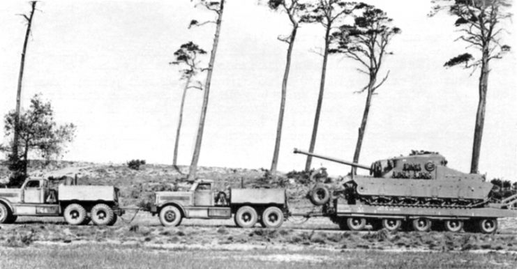 The A39 Tortoise being towed on an 80-ton trailer by two Diamond T’s during trials in BAOR, 1948