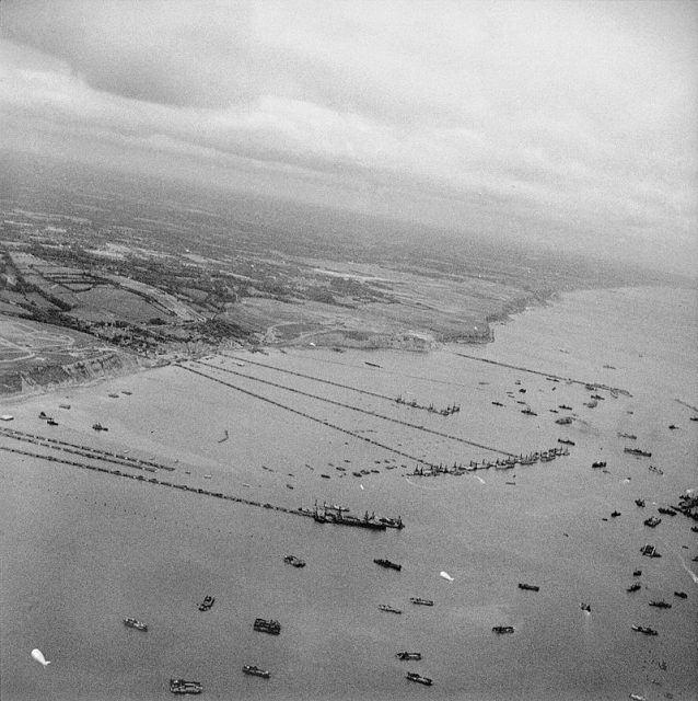 View of the Mulberry B harbour “Port Winston” at Arromanches in September 1944