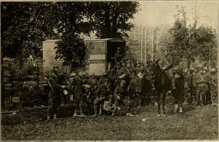 Members of the Lost Battalion getting their first meal at a regiment kitchen after the fight