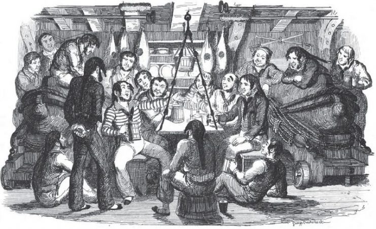 An illustration from the book “Songs, naval and national” by Thomas Dibdin, published in London, England in 1841. The caption is “Saturday Night At Sea,” and shows a group of sailors amusing themselves while off duty by singing.