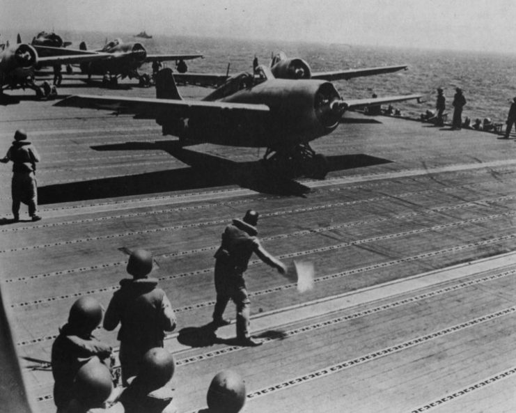F4Fs launching off Guadalcanal, 7 August 1942.