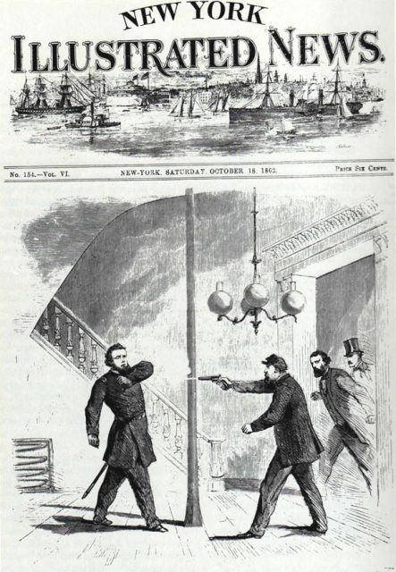 Fanciful depiction of General William “Bull” Nelson being shot by fellow Union General Jefferson C. Davis at the Galt House in Louisville, Kentucky on September 27, 1862