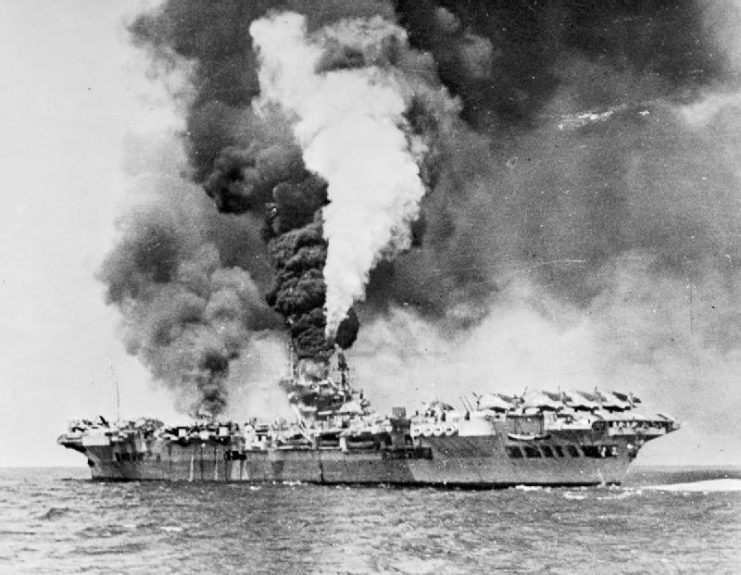 Aircraft carrier HMS Formidable after being struck by a kamikaze off the Sakishima Islands. The kamikaze made a dent 3 m long, 0.6 m wide and deep in the armored flight deck. Eight crew members were killed, 47 were wounded, and 11 aircraft were destroyed.